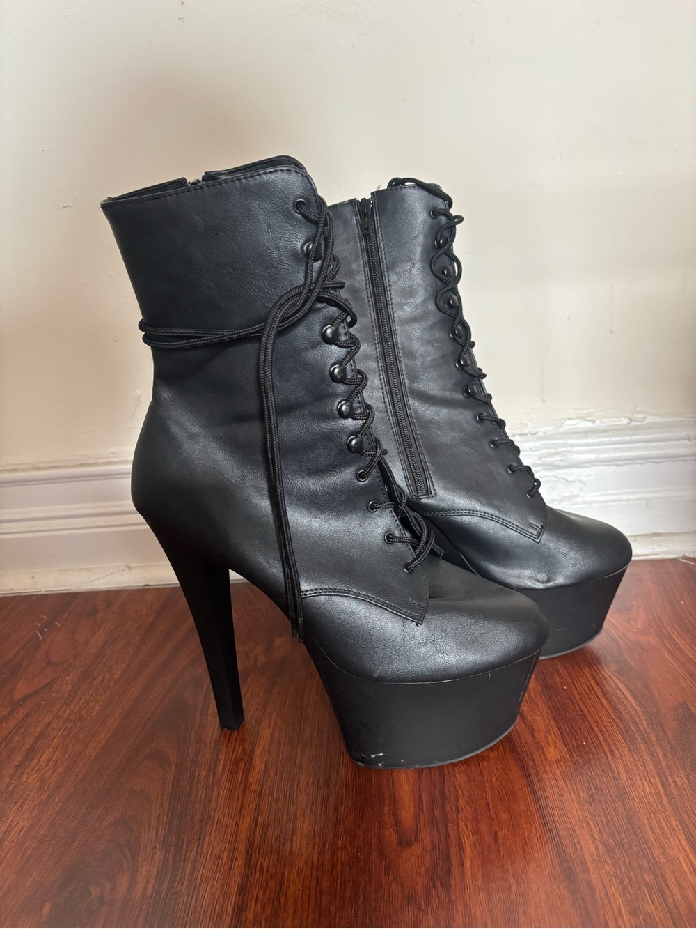 Pleaser Black Lace-Up Platform Ankle Boots
